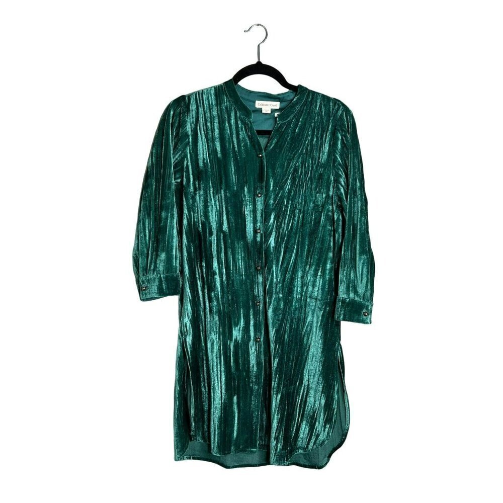 Coldwater Creek Button Front Velvet Velour Green Tunic Top Blouse‎ High Low PS